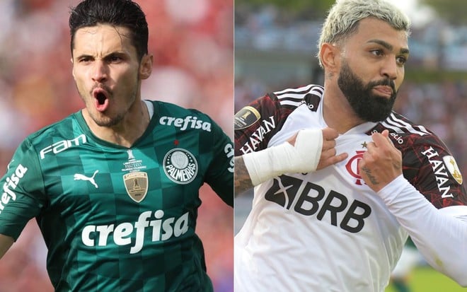 Montagem de fotos com os jogadores Raphael Veiga, do Palmeiras (à esq.) e Gabigol, do Flamengo no jogo final da Libertadores neste sábado (27) transmitido pelo SBT