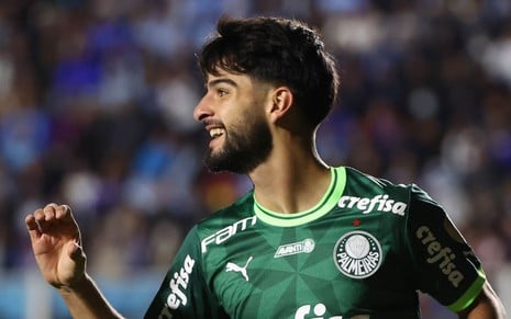 O atacante Flaco López, do Palmeiras, comemora gol marcado na Libertadores