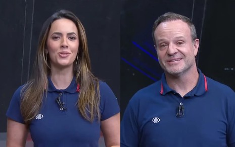 Paloma Tocci e Rubens Barrichello com uma camisa azul e o uniforme da equipe esportiva da Band