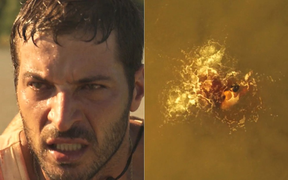 Montagem de fotos com Levi (Leandro Lima) em perseguição de barco e sendo devorado por piranhas em Pantanal