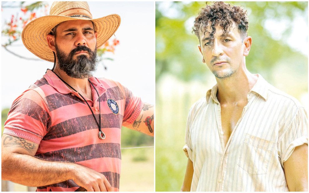 Montagem com fotos dos atores Juliano Cazarré e Irandhir Santos caracterizados como seus personagens em Pantanal