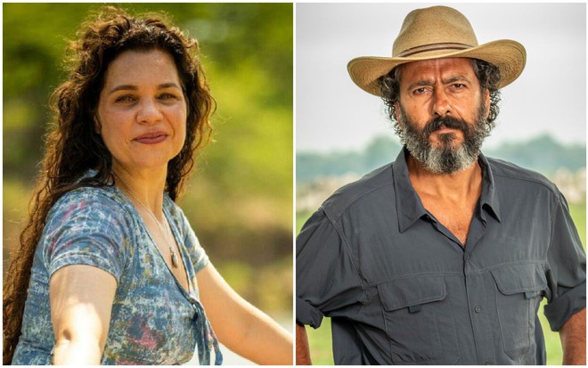 Montagem com fotos de Isabel Teixeira e Marcos Palmeira caracterizados como seus personagens em Pantanal