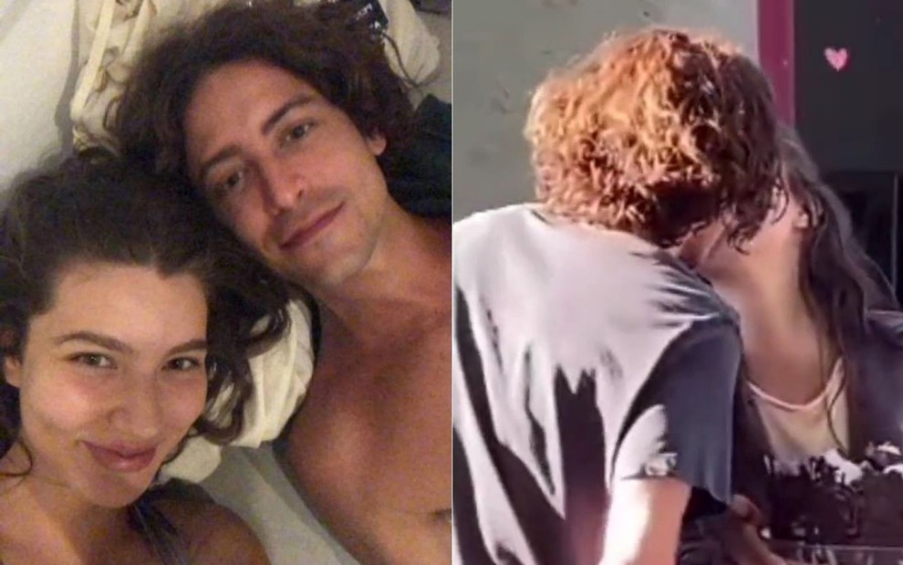Montagem de fotos com Jesuita Barbosa e Alanis Guillen deitados na cama e se beijando