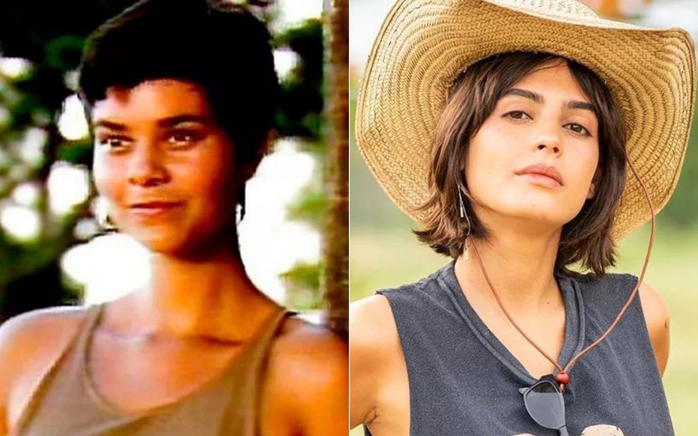 Montagem com Guta nas duas versões de Pantanal: à esquerda está Luciene Adami, e à direita está Julia Dalavia