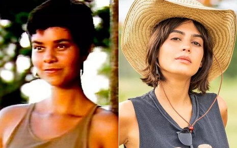 Montagem com Guta nas duas versões de Pantanal: à esquerda está Luciene Adami, e à direita está Julia Dalavia