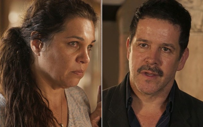 Montagem com Murilo Benicio e Isabel Teixeira como Tenório e Maria Bruaca em Pantanal