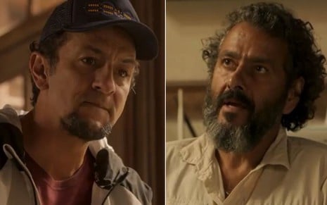 Os atores Irandhir Santos e Marcos Palmeira como José Lucas e José Leôncio em Pantanal; na montagem, eles estão olhando para o mesmo lado com cara de enfrentamento