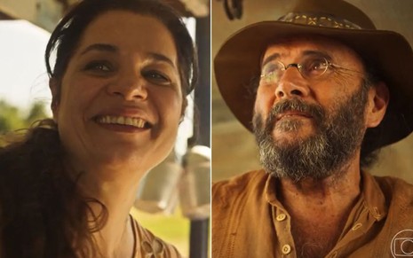 A atriz Isabel Teixeira e o ator Almir Sater como Maria Bruaca e Eugênio em Pantanal; na montagem, eles estão olhando para o mesmo lado, ela com cara de sorridente e ele olhando atenciosamente para ela