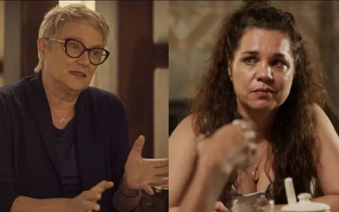 As atrizes Selma Egrei e Isabel Teixeira como Mariana e Maria Bruaca em Pantanal; na montagem, elas estão olhando para o mesmo lado, enquanto a primeira conversa usando as mãos e a segunda observa atentamente com cara de desconfiada