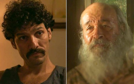Os atores Guito e Osmar Prado como Tibério e Velho do Rio em Pantanal; na montagem, eles estão olhando para o mesmo lado, o primeiro com cara de atencioso e o segundo com cara de súplica