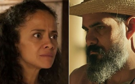 A atriz Aline Borges e o ator Juliano Cazarré como Zuleica e Alcides em Pantanal; na montagem, eles estão olhando para o mesmo lado, ela com cara de assustada e ele com cara séria