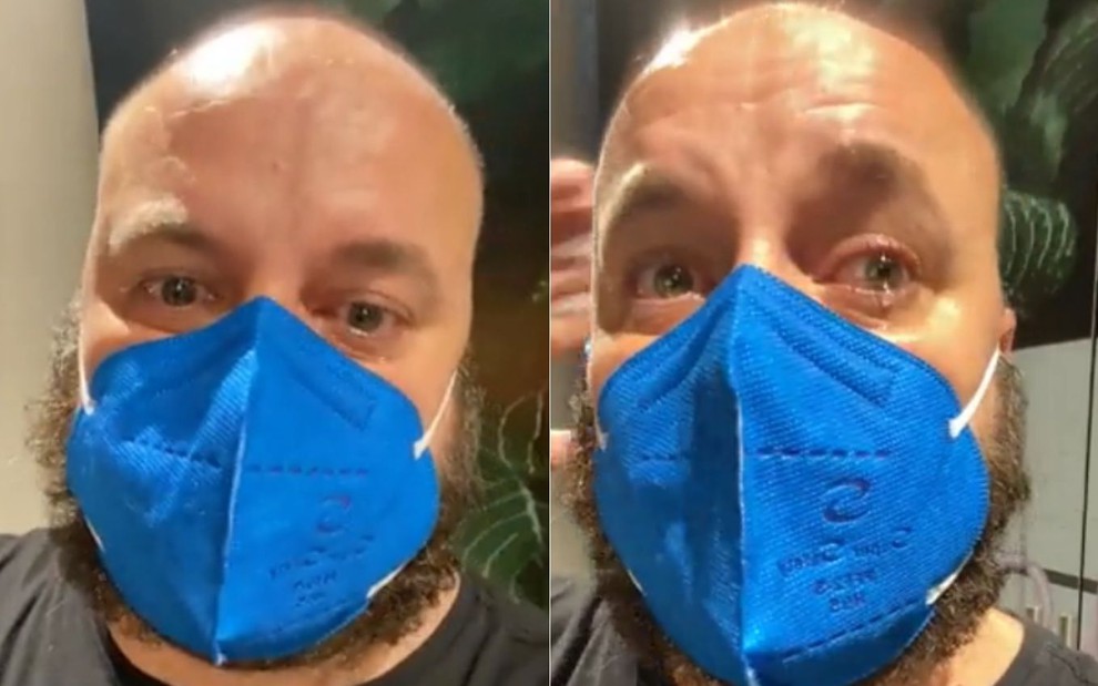 Montagem com Paulinho Serra chorando enquanto usa máscara contra Covid-19