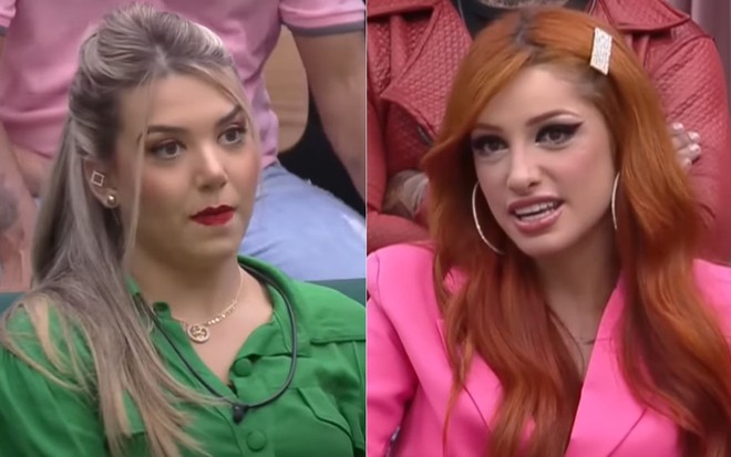 Montagem com imagens de Karol Menezes (à esq.) e Brenda Paixão durante votação no Power Couple Brasil 6