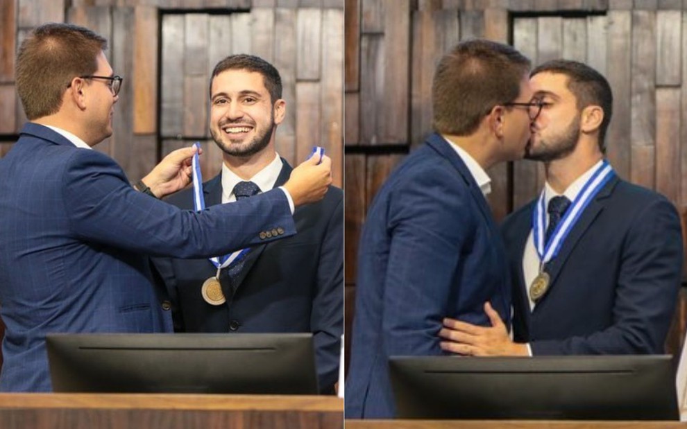 Montagem de fotos com Erick Rianelli e Pedro Figueiredo durante cerimônia na Alerj