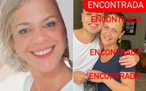 Montagem com selfie de Rafaela Monteiro Santos e outra foto dela com o filho com os dizeres "encontrada"
