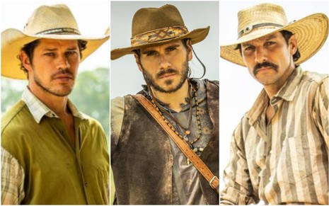 Montagem com fotos dos atores José Loreto, Gabriel Sater e Guito caracterizados com chapéus e camisas de seus personagens em Pantanal