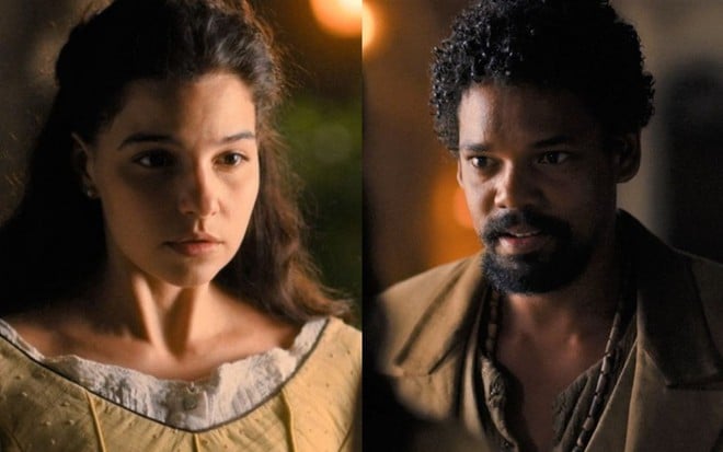 Montagem com as fotos de Pilar (Gabriela Medvedvski) e Samuel (Michel Gomes) em cenas de Nos Tempos do Imperador