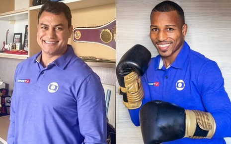 Popó com uma camisa azul e calça na sua casa em Salvador; Robson Conceição está com suas luvas de boxe e o uniforme da Globo