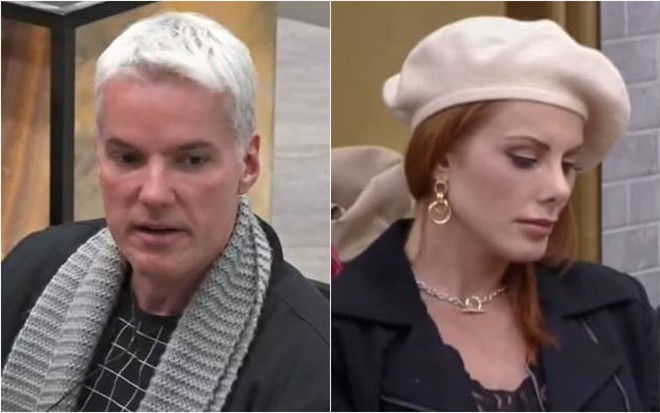 Bruno olha para Deborah, ele veste blusa preta e cachecol cinza; Deborah olha para baixo, usa jaqueta preta e boina branca na cabeça