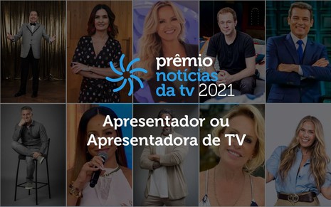 Arte do Prêmio Notícias da TV 2021, com logotipo e imagens de apresentadores e apresentadoras de televisão ao fundo