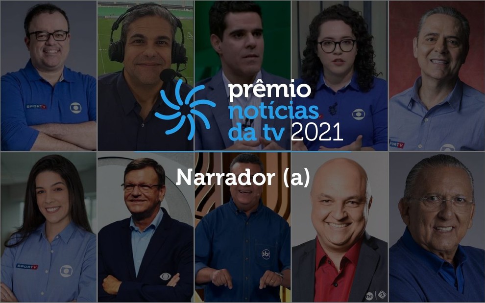 Arte do Prêmio Notícias da TV 2021, com logotipo e imagens de narradores esportivos ao fundo