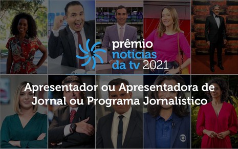 Arte do Prêmio Notícias da TV 2021, com logotipo e imagens de apresentadores de telejornal