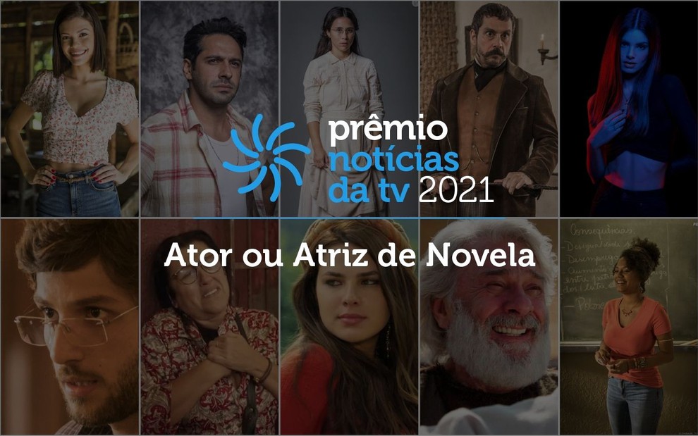 Arte do Prêmio Notícias da TV 2021, com logotipo e imagens de atores e atrizes em novelas exibidas no ano