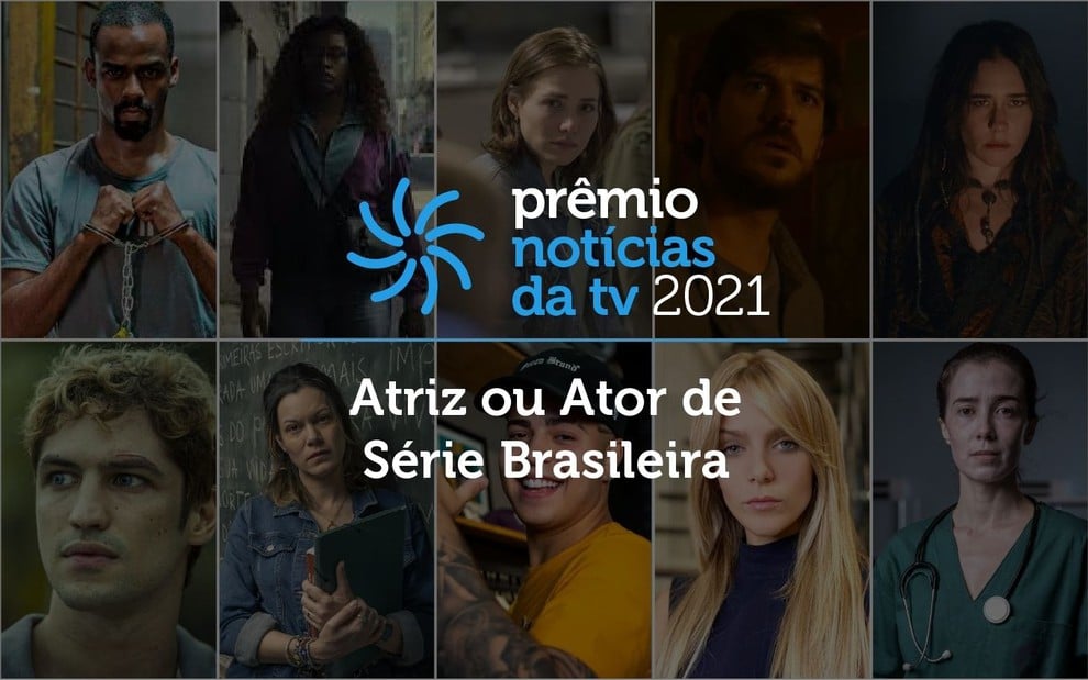 Arte do Prêmio Notícias da TV 2021, com logotipo e imagens de atores e atrizes em séries exibidas no ano