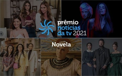 Arte do Prêmio Notícias da TV 2021, com logotipo e imagens de novelas inéditas exibidas no ano