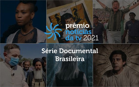 Arte do Prêmio Notícias da TV 2021, com logotipo e imagens de séries documentais o ao fundo