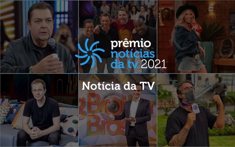 Arte do Prêmio Notícias da TV 2021, com logotipo e imagens de apresentadores de televisão