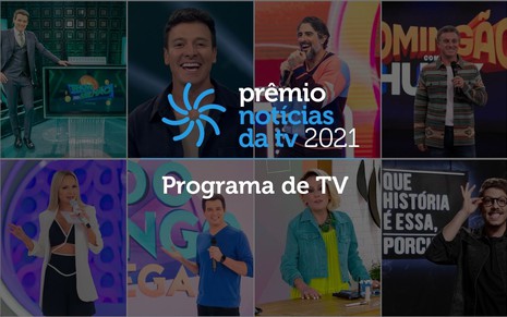 Arte com o logo do Prêmio Notícias da TV 2021 e imagens de programas de televisão ao fundo