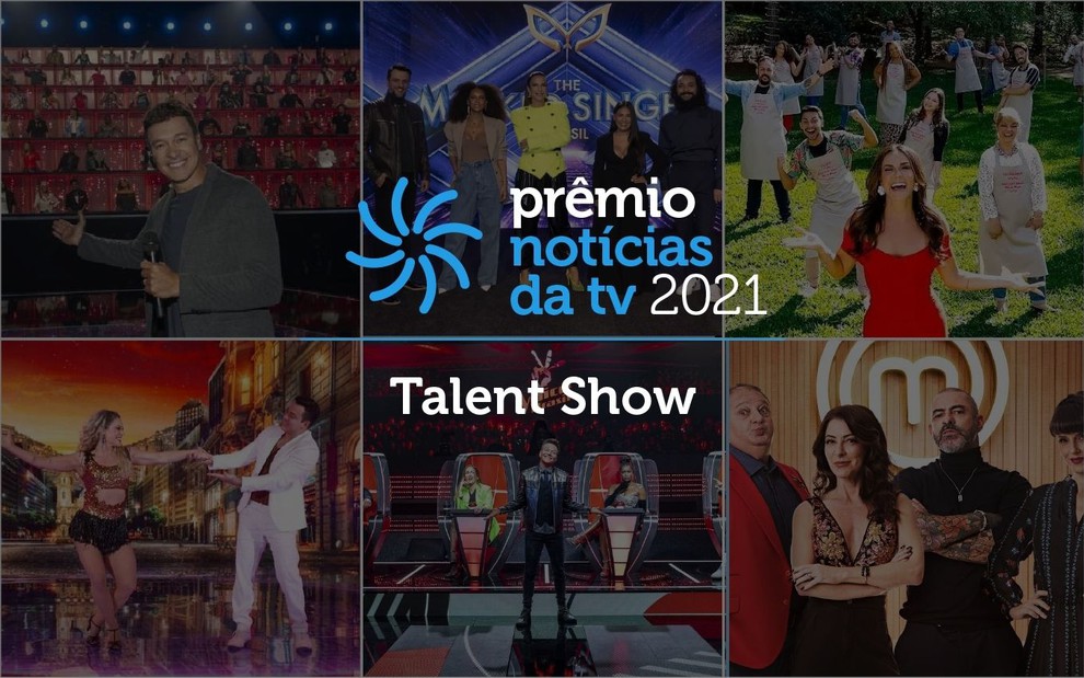 Arte com o logo do Prêmio Notícias da TV 2021 e imagens de programas de talent show ao fundo