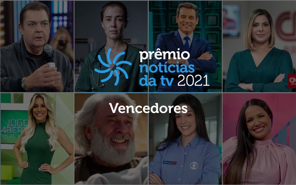 Imagem de arte do Prêmio Notícias da TV, com a foto de oito vencedores em destaque