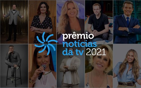 Arte do Prêmio Notícias da TV 2021, com logotipo e imagens de programas de televisão ao fundo