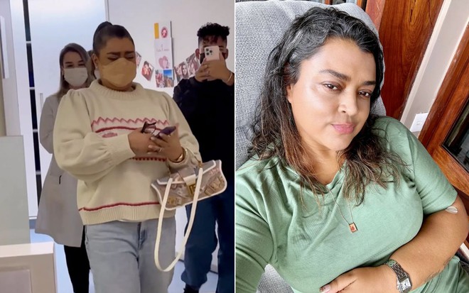 Montagem com a cantora Preta Gil emocionada no hospital e durante sessão de quimioterapia