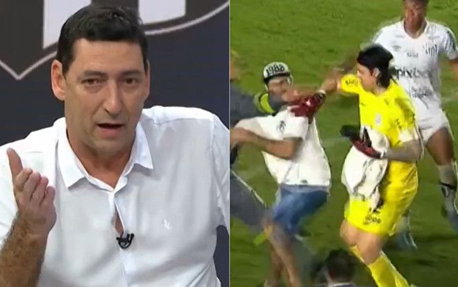 Montagem com Paulo Vinícius Coelho no Troca de Passes e o momento em que o goleiro Cássio é agredido