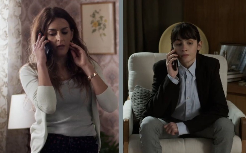 Odete (Luciana Paes) e Flávia (Valentina Herszage) falam ao telefone em cena de Quanto Mais Vida, Melhor!, novela da Globo