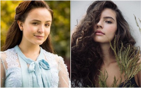 Montagem com as fotos de Larissa Manoela (à esquerda) e Alanis Guillen (à direita); Larissa sorri suavemente com roupa de época, Alanis séria em meio a plantas