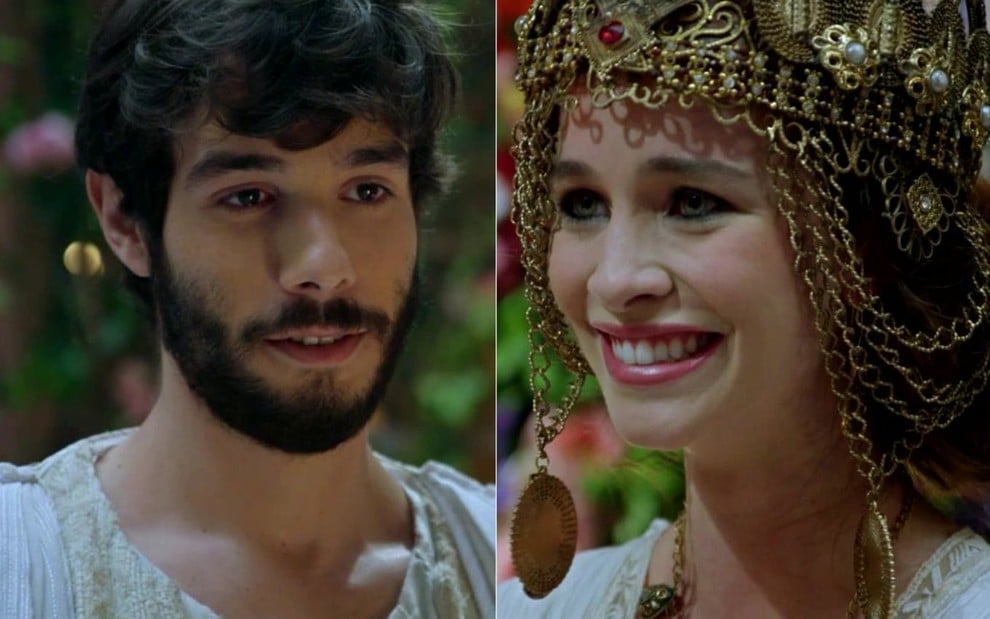 Vitor Novello e Laryssa Ayres gravam cena emocionados, como Abrão e Laryssa