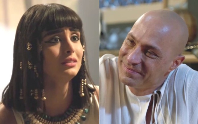 Montagem com as fotos dos atores Letícia Almeida e Fernando Pavão em cena de Gênesis