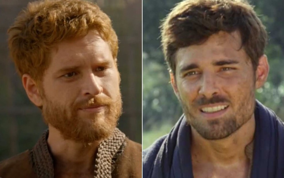 Montagem com o ator Cirillo Luna como Esaú à esquerda e o ator Miguel Coelho como Jacó à direita em cenas de Gênesis