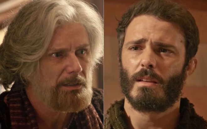 Montagem com os atores Petrônio Gontijo e Thiago Rodrigues em cena de Gênesis