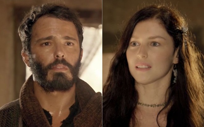 Montagem com os atores Thiago Rodrigues e Rhaisa Batista em cena de Gênesis, novela da Record