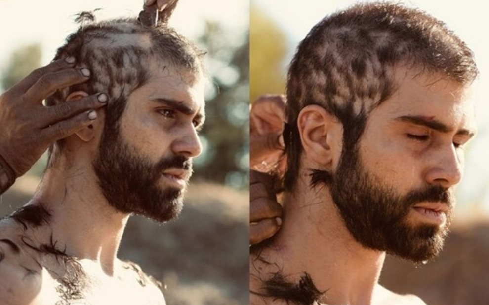 Montagem do ator Juliano Laham raspando o cabelo em cena da novela Gênesis
