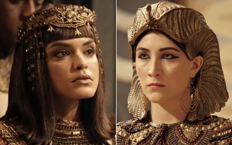 Montagem com a atriz Kizi Vaz à esquerda como Kamesha e a atriz Samia abreu à direita como Merianat em cenas de Gênesis
