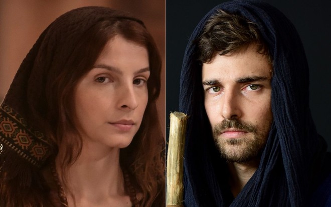 Montagem com os atores Michelle Batista e Miguel Coelho em foto de Gênesis