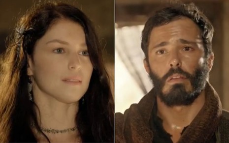 Rhaisa Batista e Thiago Rodrigues gravam cena com expressão tensa, como Muriel e  Judá em Gênesis