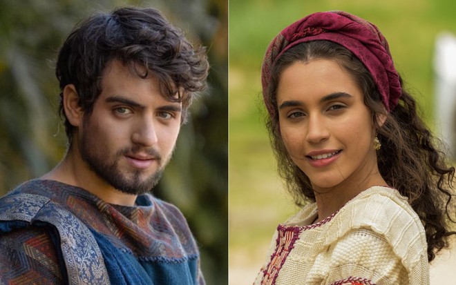 Montagem de fotos com os atores Marcelo Filho e Giovanna Coimbra caracterizados como seus personagens de Gênesis