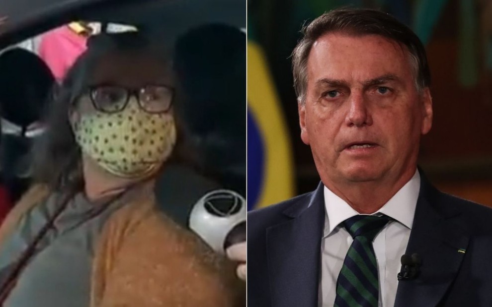 Montagem com imagens de entrevistada da Record (à esq.) e Jair Bolsonaro
